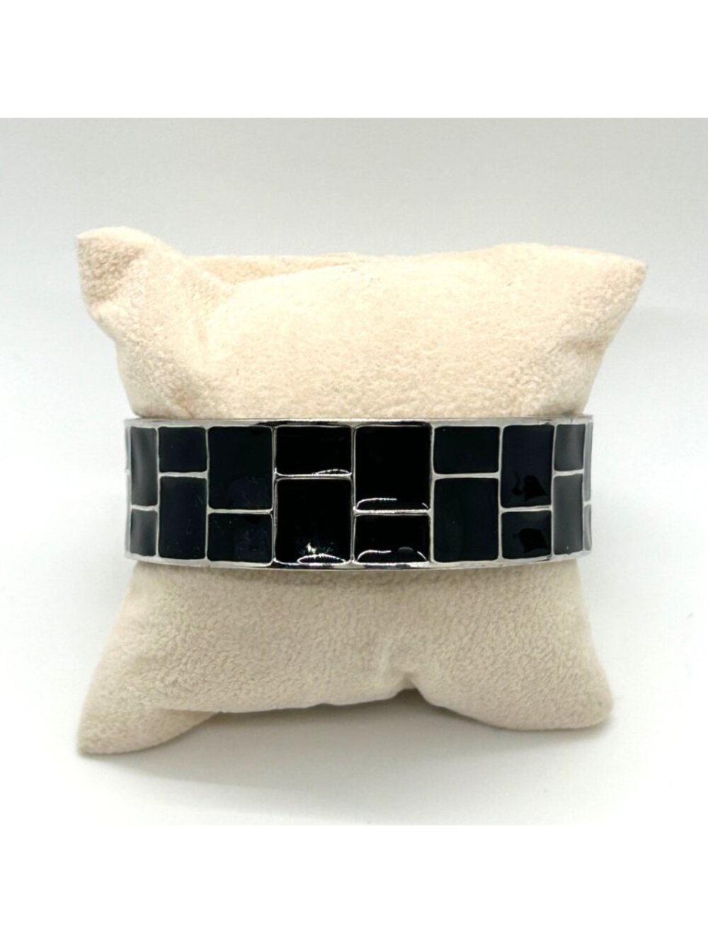 Vintage Modernist Silver-Tone Hinged Bangle With Black Enamel Geometric Inlay - Picture 2 of 9